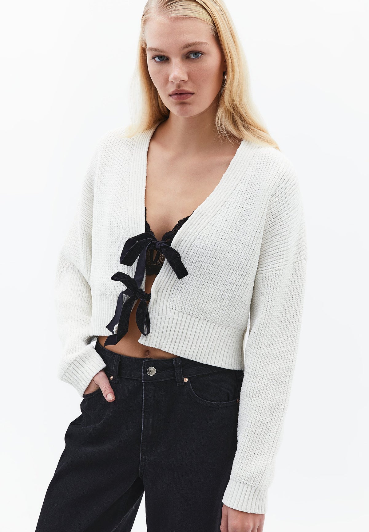 V Neck Long Sleeve Loose Cardigan - ICE MILK