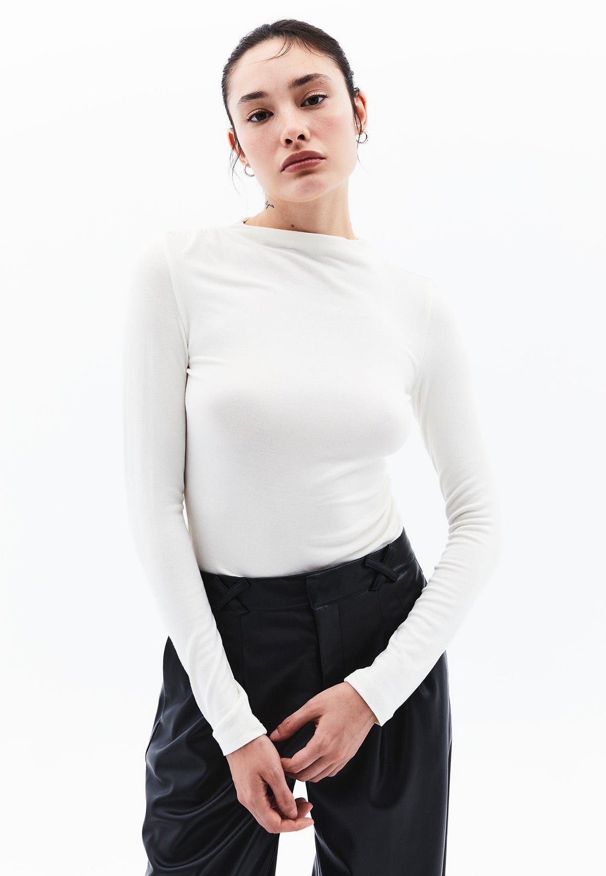 Ruched Long Sleeve High Neck Bodycon T-Shirt - ICE MILK