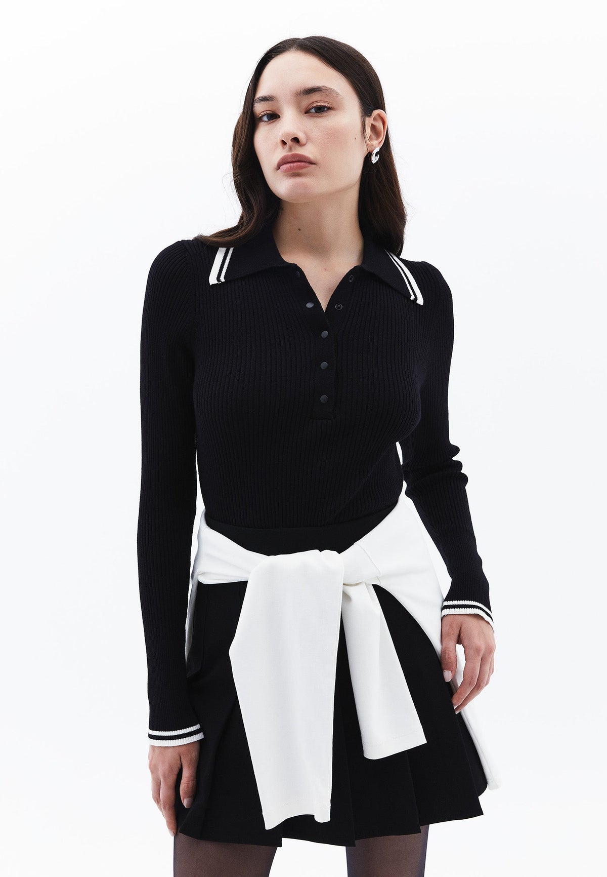 Polo Collar Raglan Sleeve Long Sleeve Sweater - BLACK/ICE MILK