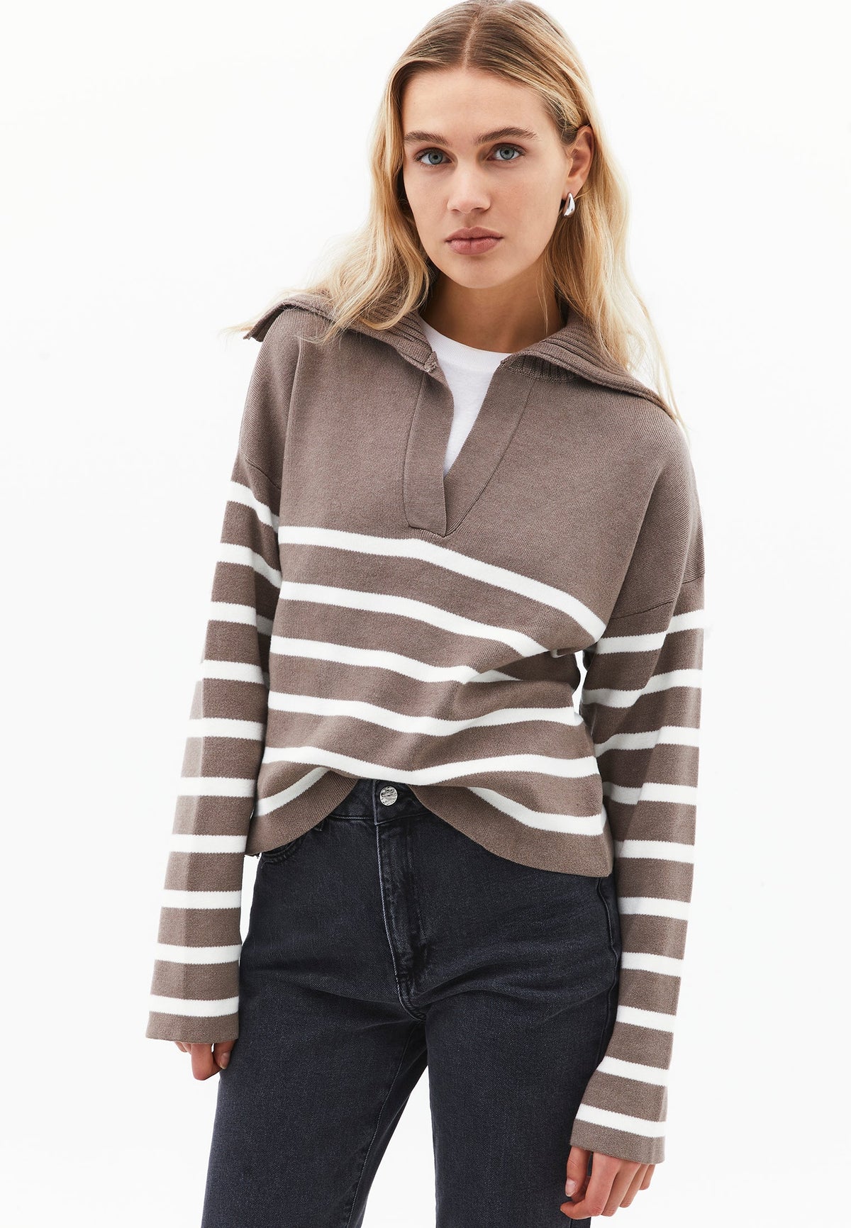 Striped Polo Collar Knit Sweater - MOREL/ICE MILK