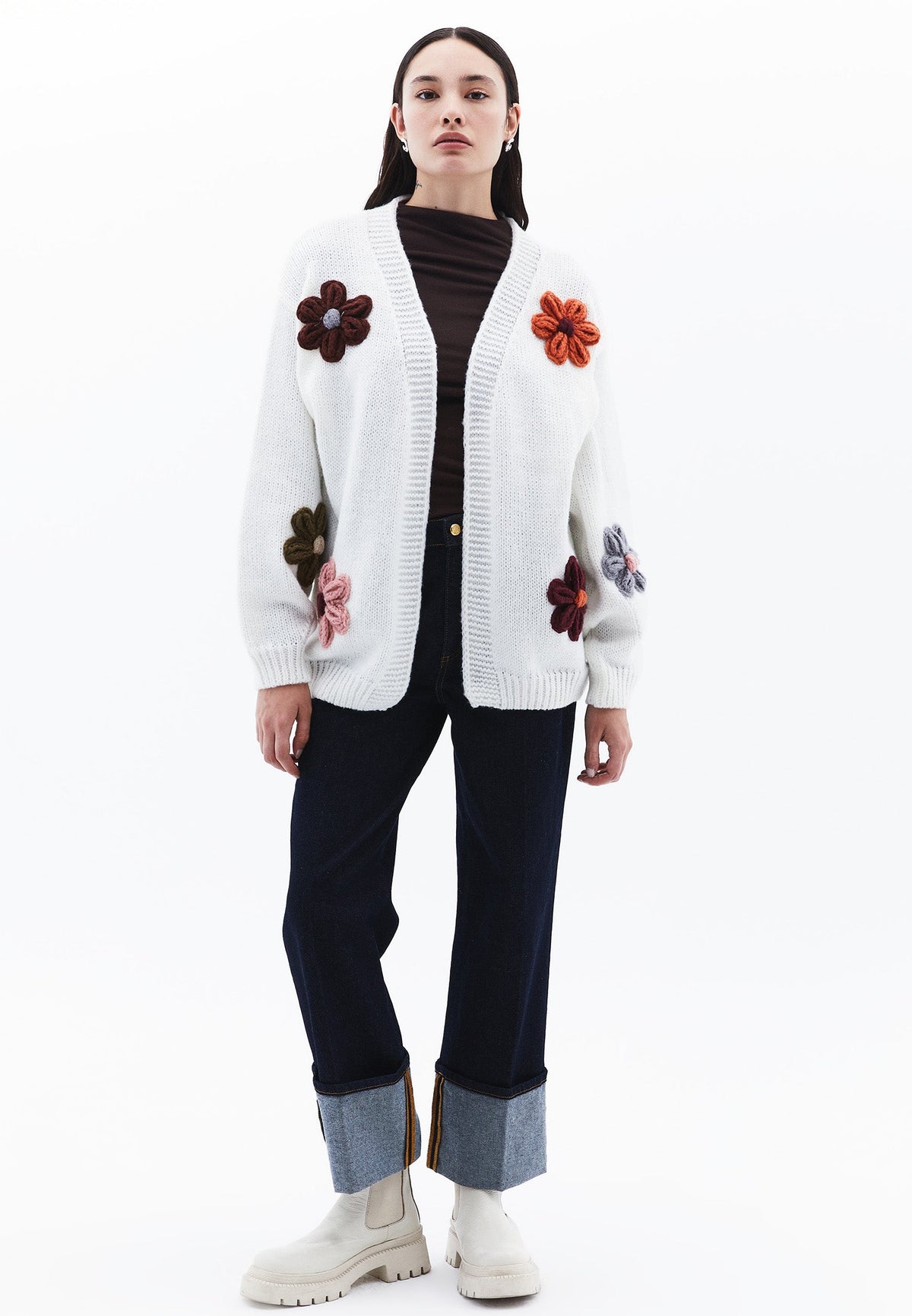 V Neck Oversize Knit Detailed Cardigan - ICE MILK