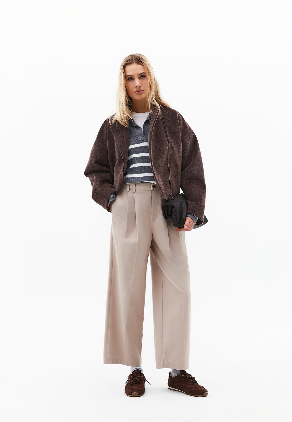 Striped Polo Collar Knit Sweater - BRUSHED NICKEL/ICE MILK