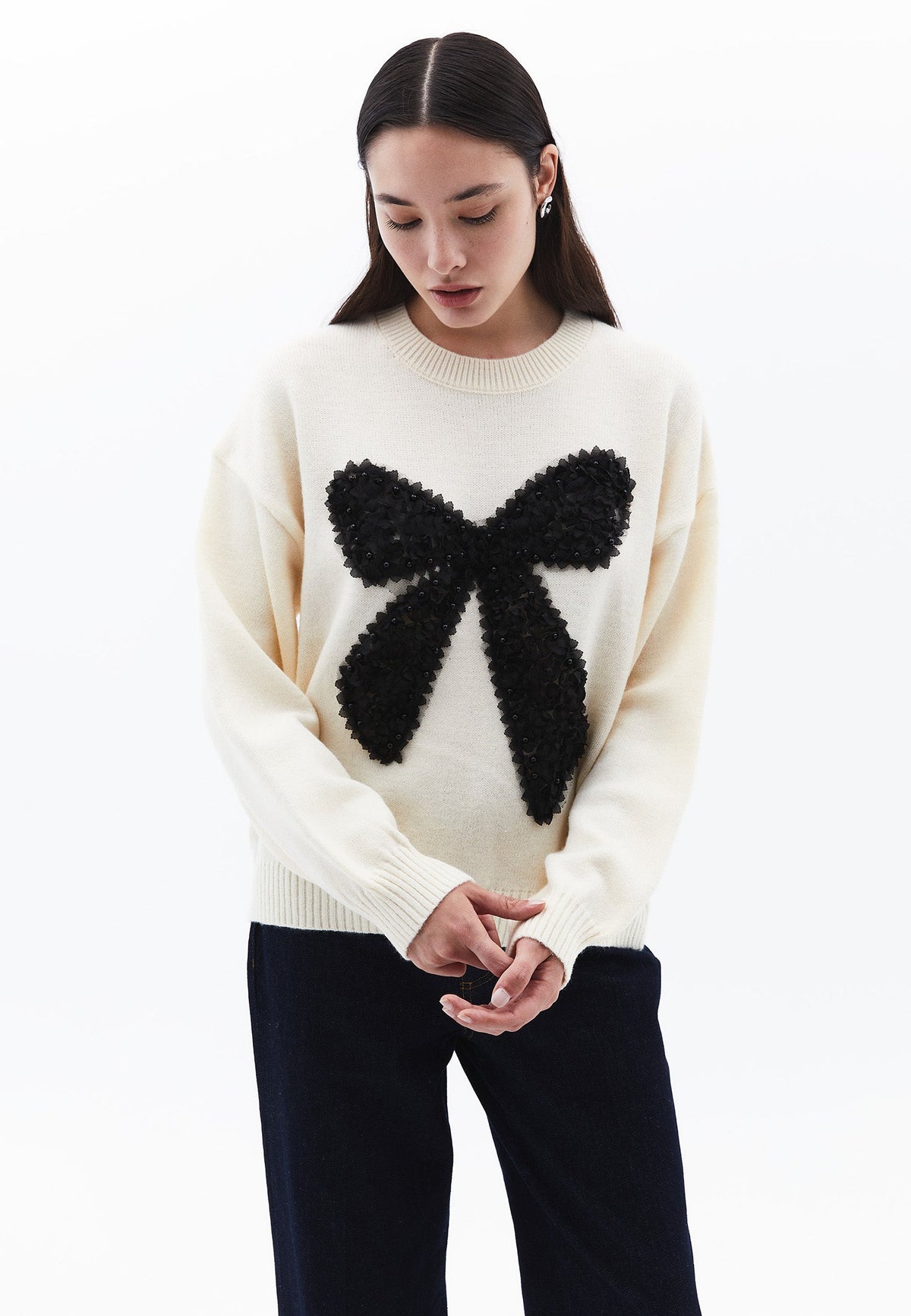 Stone Detailed Crew Neck Sweater - ICE MILK