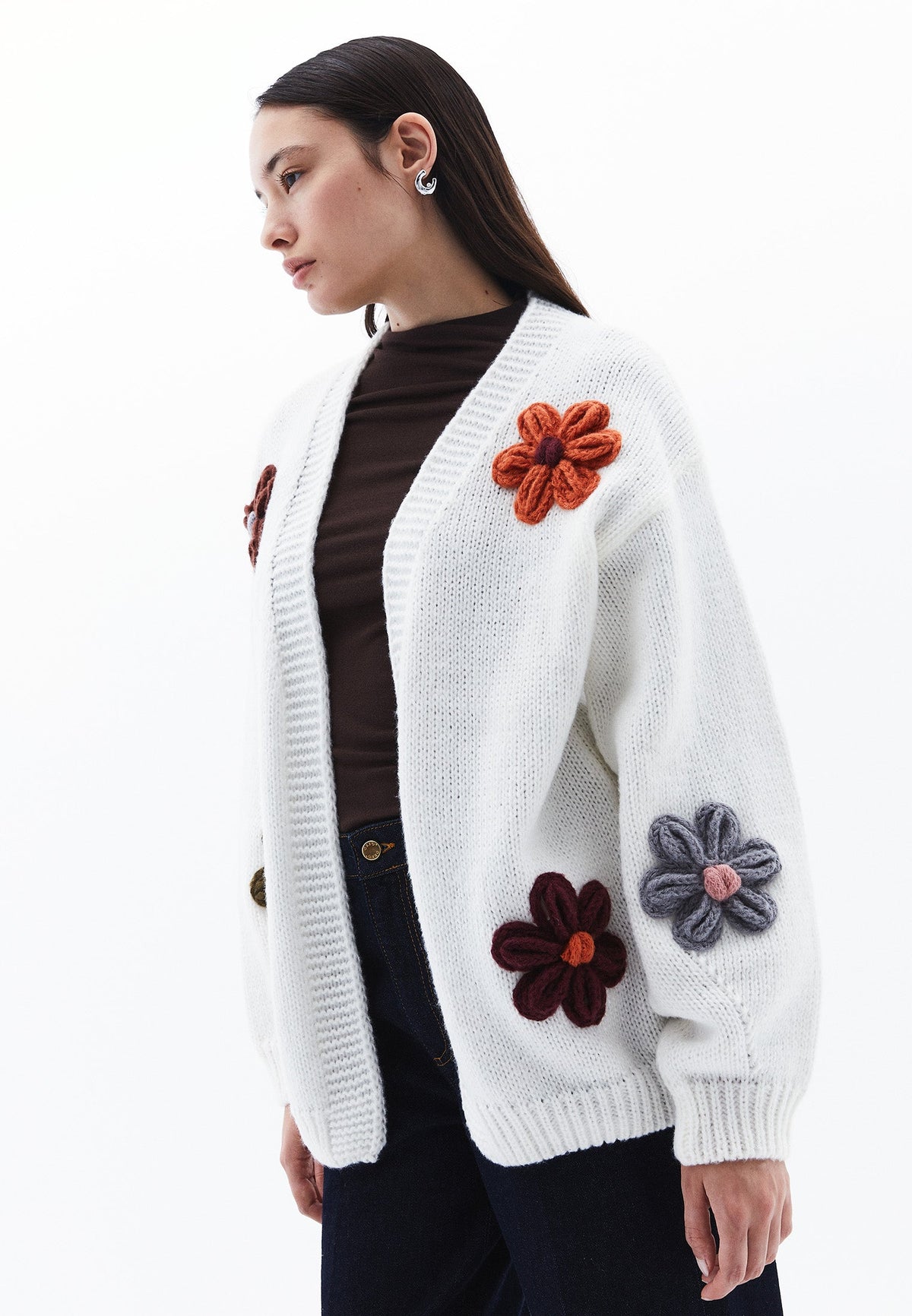 V Neck Oversize Knit Detailed Cardigan - ICE MILK