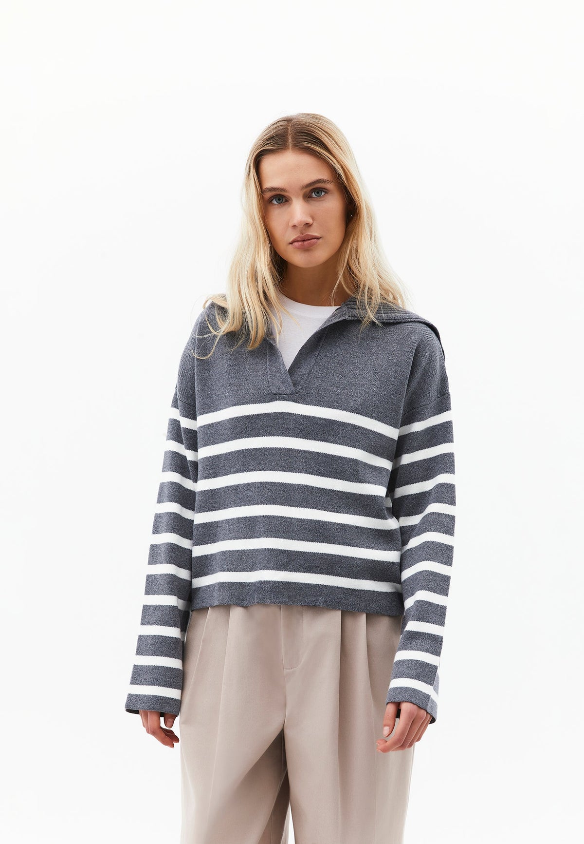 Striped Polo Collar Knit Sweater - BRUSHED NICKEL/ICE MILK
