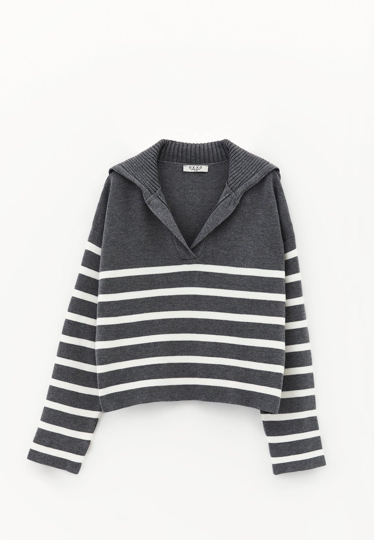 Striped Polo Collar Knit Sweater - BRUSHED NICKEL/ICE MILK