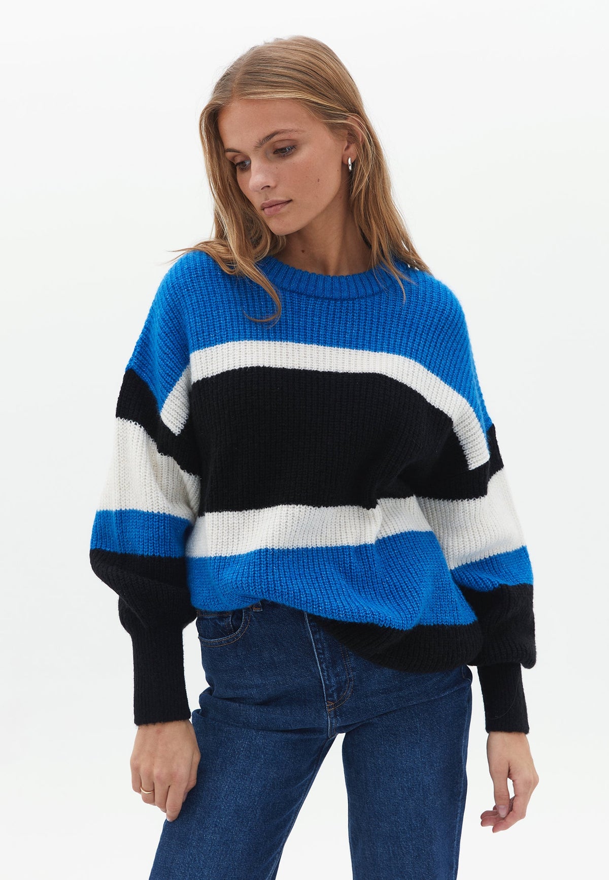 Striped Crew Neck Long Sleeve Sweater - INDIGO BUNTING MIX