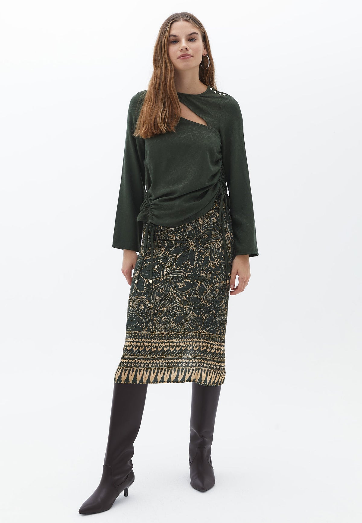 Long Sleeve Blouse With Cutout Detail - KOMBU GREEN