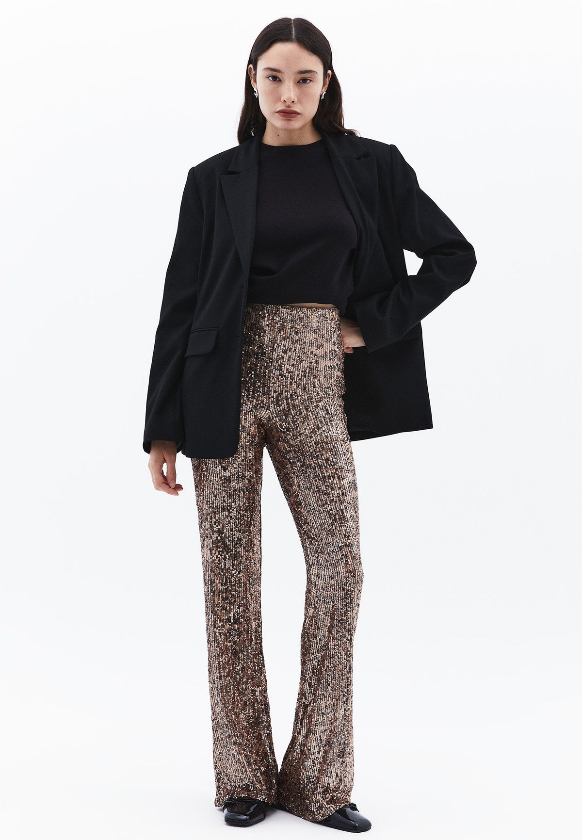 High Waist Flared Sequin Pants - LEO COMB
