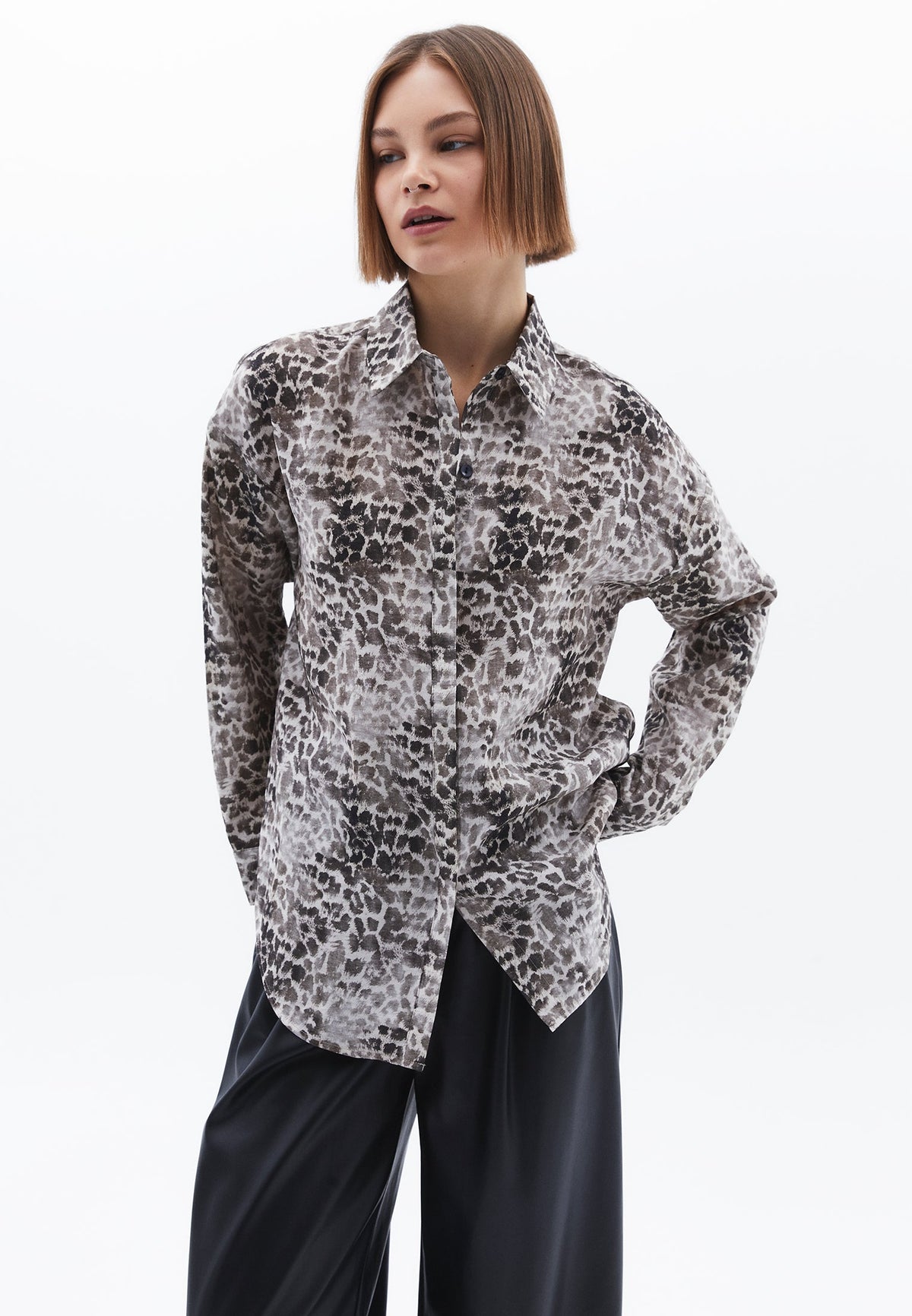 Animal Pattern Button Detailed Oversize Shirt - LEO COMB
