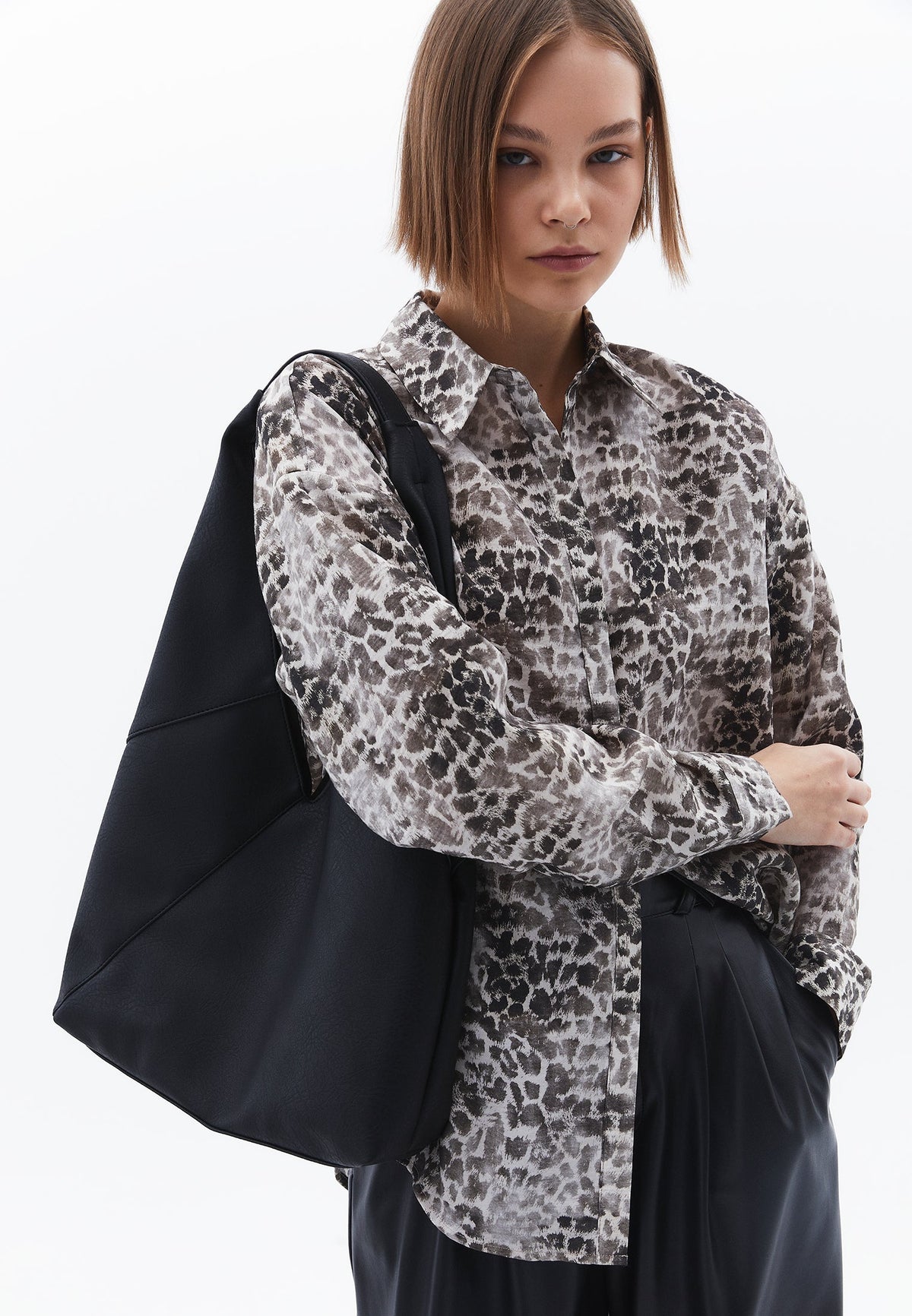 Animal Pattern Button Detailed Oversize Shirt - LEO COMB