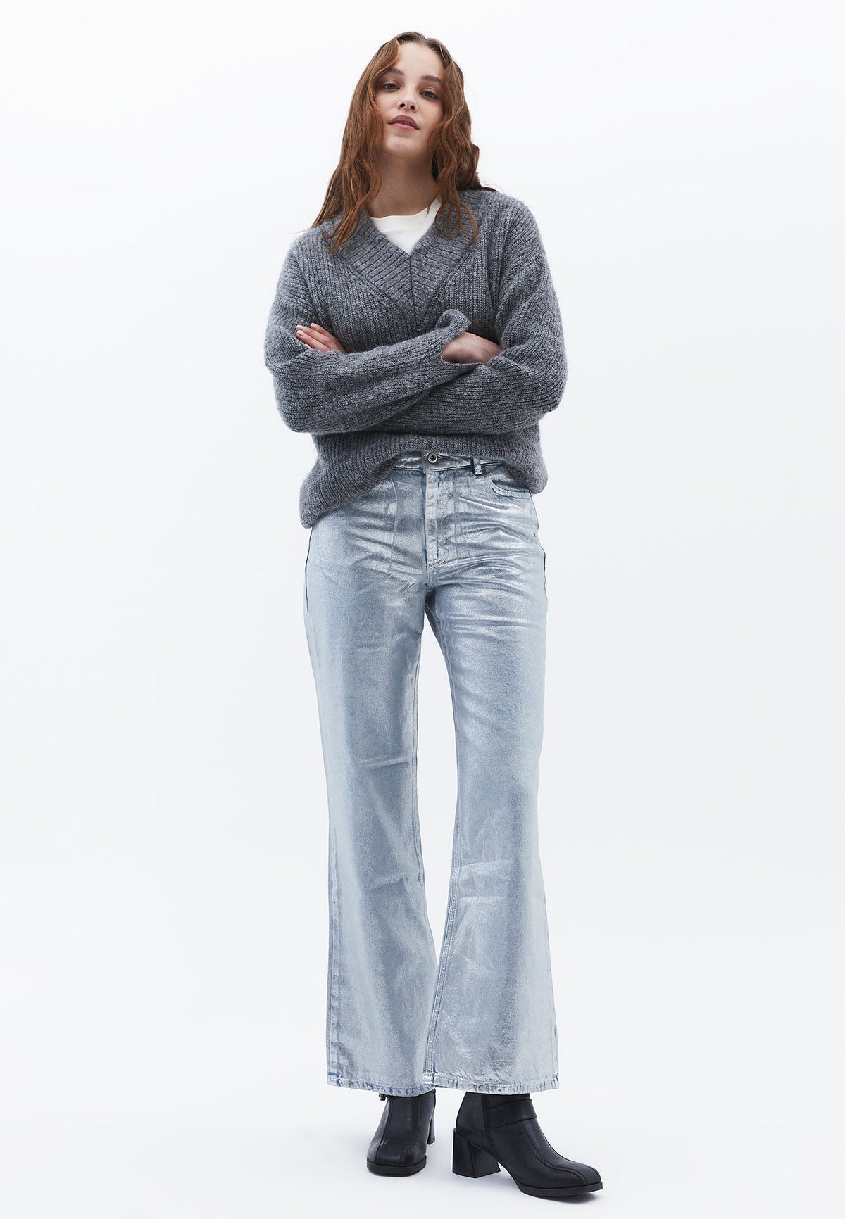 Shiny And Long Wide Leg Pants - LIGHT BLUE PRINTED DENIM