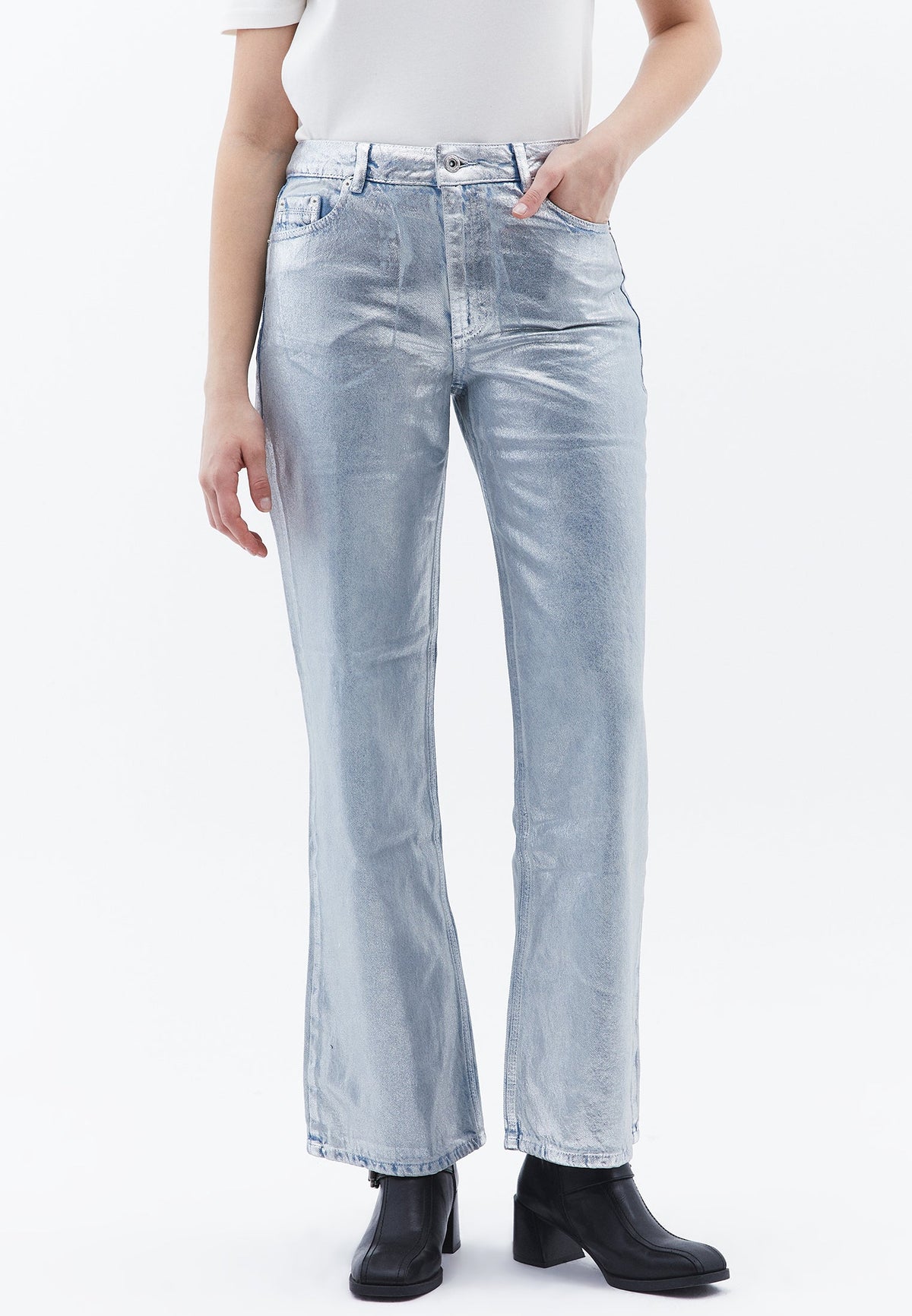 Shiny And Long Wide Leg Pants - LIGHT BLUE PRINTED DENIM