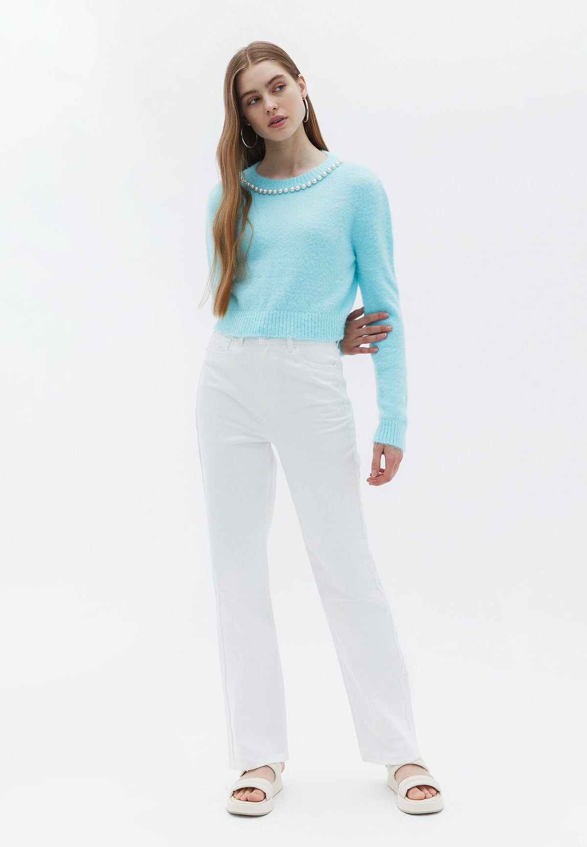Crew Neck Beaded Raglan Sleeve Cropped Sweater - LIMPET SHELL