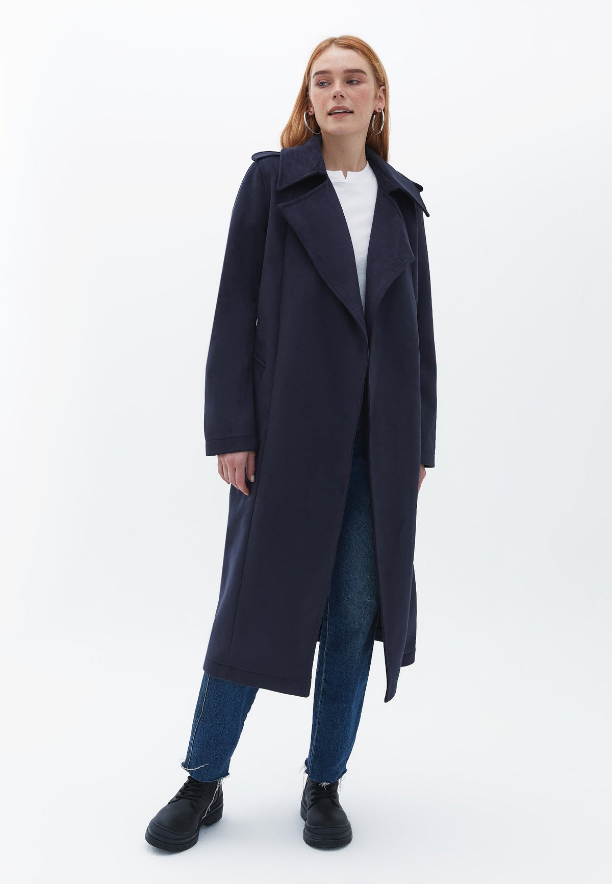 Long Leather Jacket With Belt Detail - MARITIME BLUE