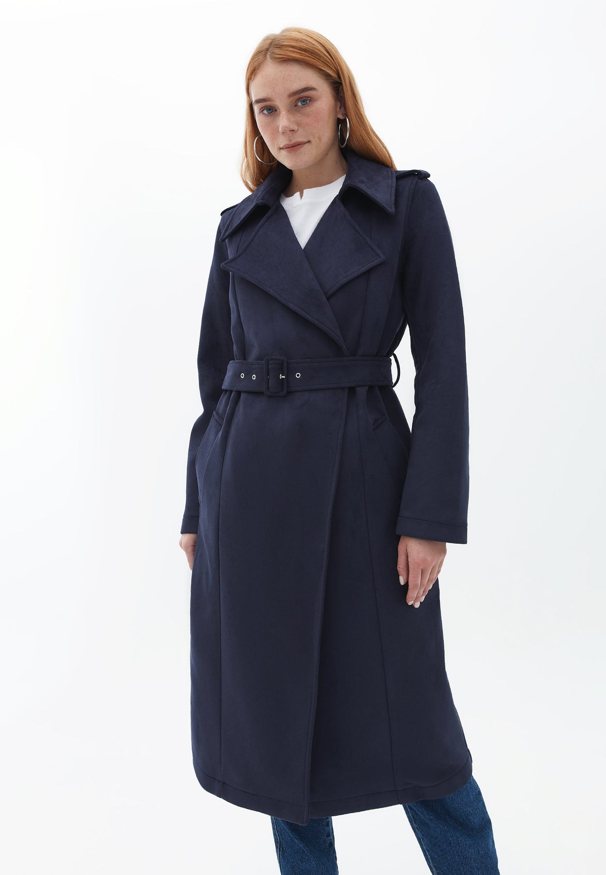 Long Leather Jacket With Belt Detail - MARITIME BLUE