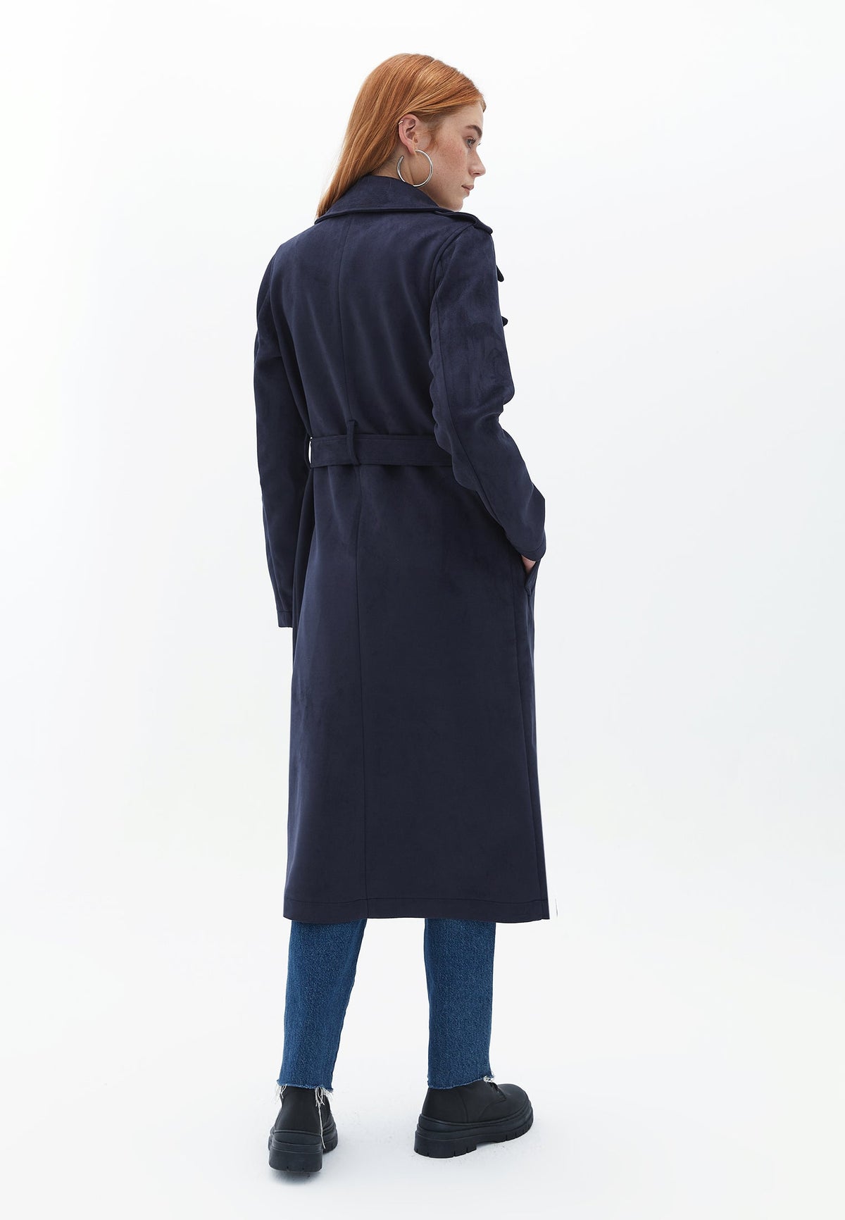 Long Leather Jacket With Belt Detail - MARITIME BLUE