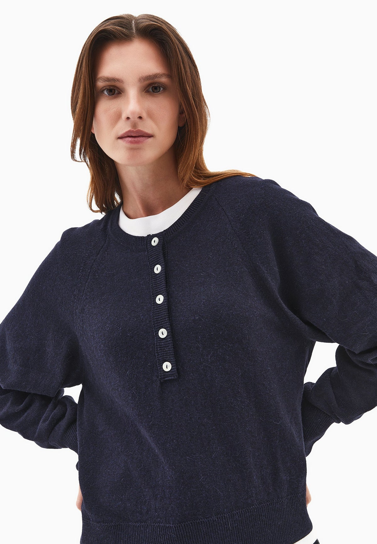 V Neck Raglan Sleeve Knit Sweater - MIDNIGHT