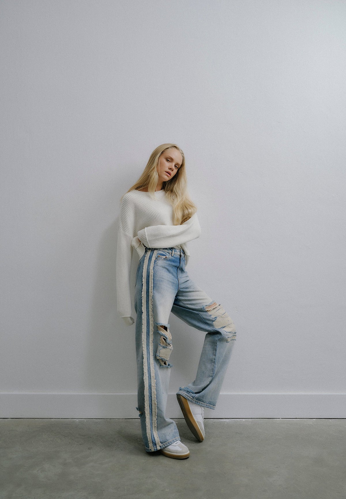 Five Pocket Wide Leg Pants - MID BLUE DENIM