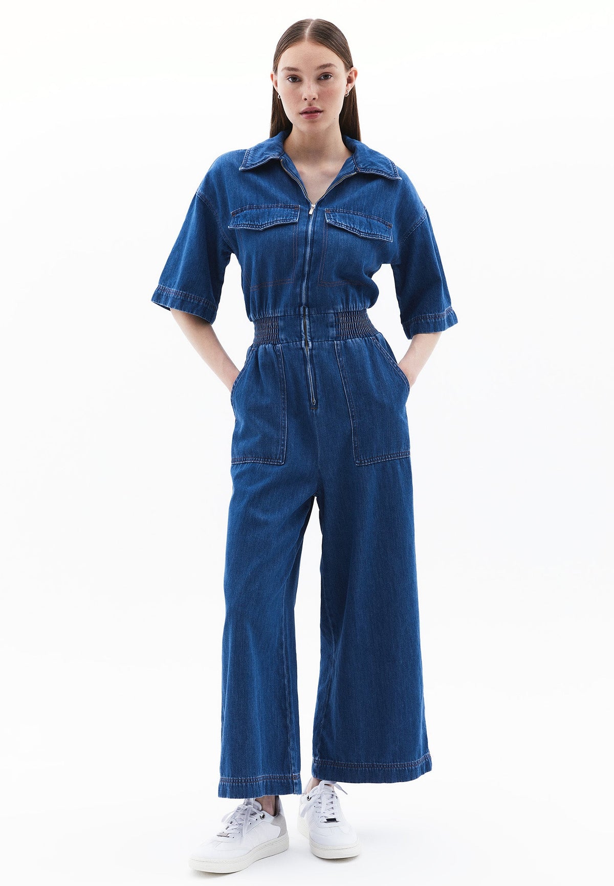 Shirt Collar Long Sleeve Wide Leg Jumpsuit - MID BLUE DENIM