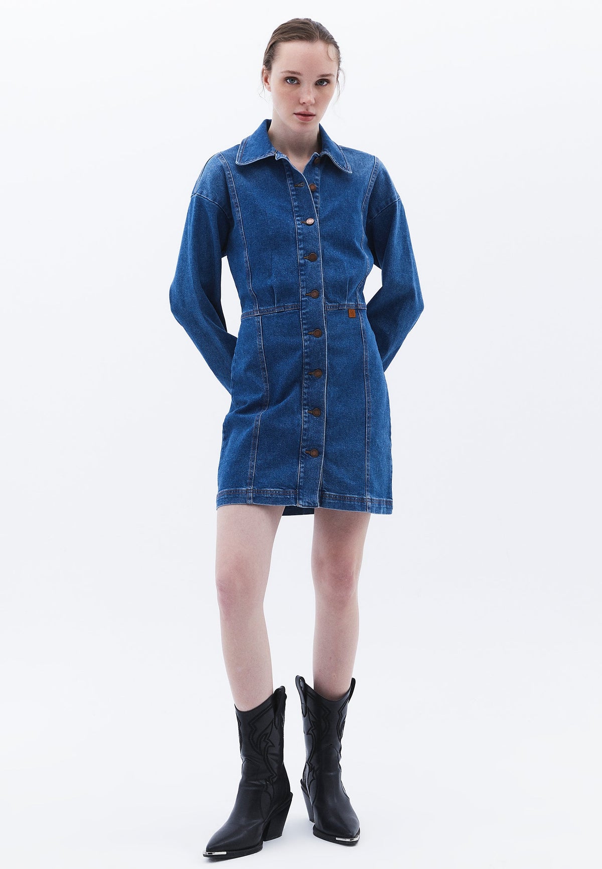 Loose Fit Short Jumpsuit Dress - MID BLUE DENIM