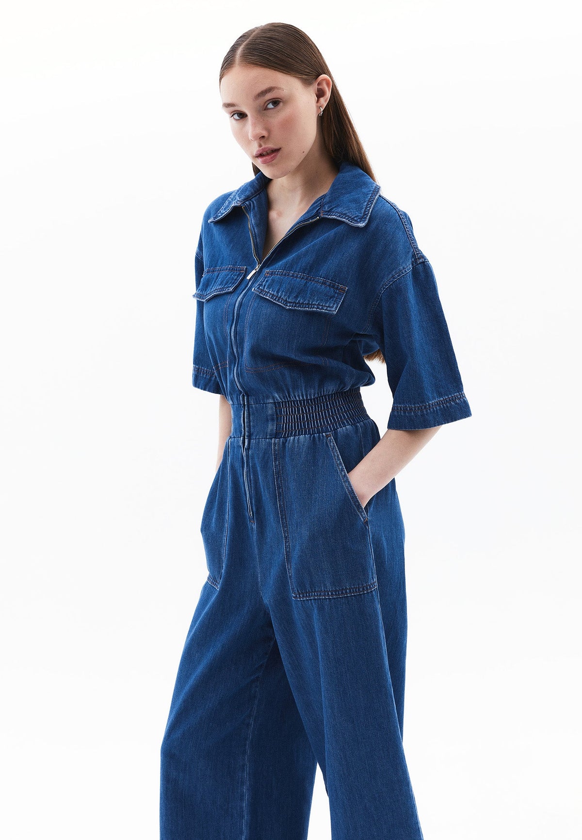 Shirt Collar Long Sleeve Wide Leg Jumpsuit - MID BLUE DENIM