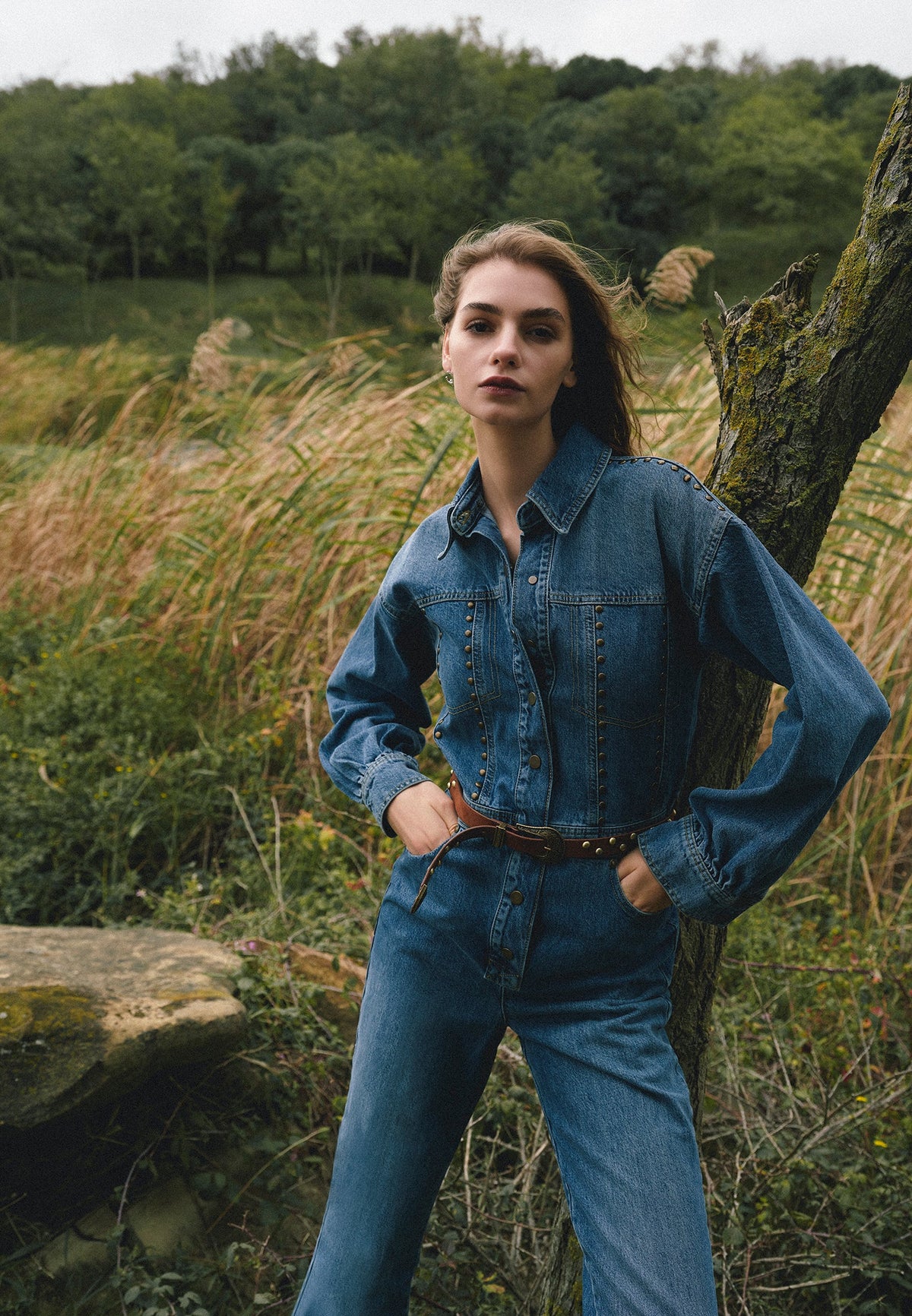 Denim Oversize Long Jumpsuit - MID BLUE DENIM