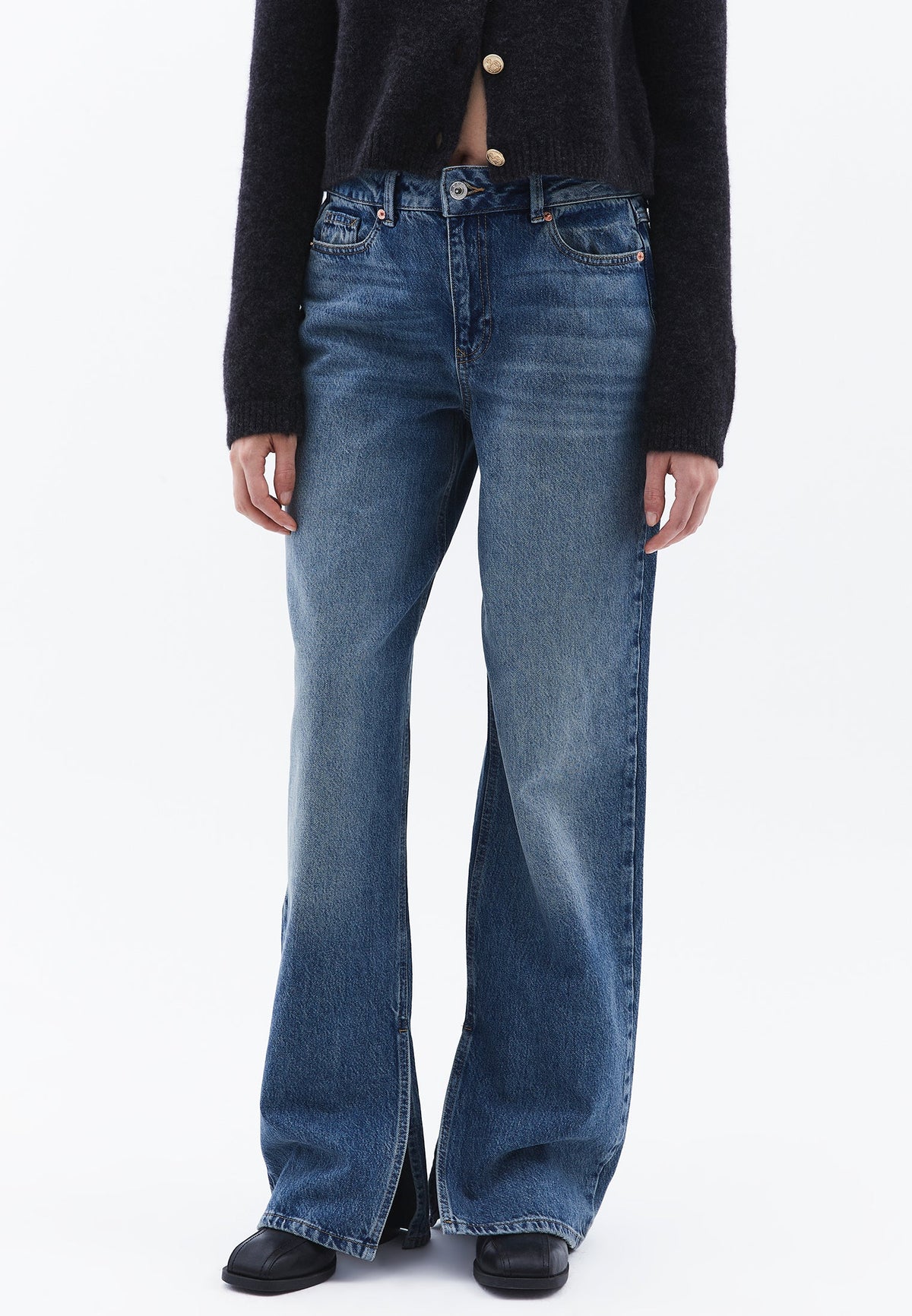 Denim Fabric Straight Leg Pants - MID BLUE DENIM