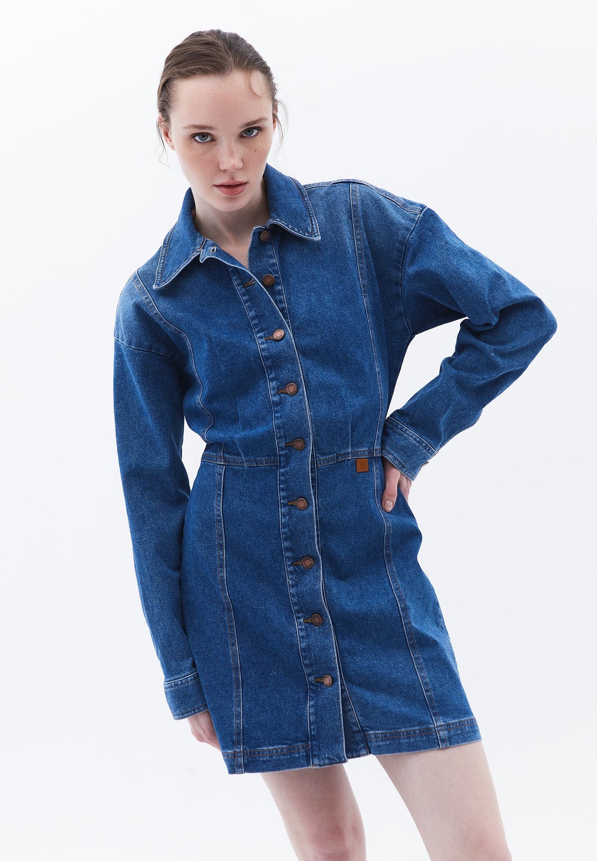 Loose Fit Short Jumpsuit Dress - MID BLUE DENIM