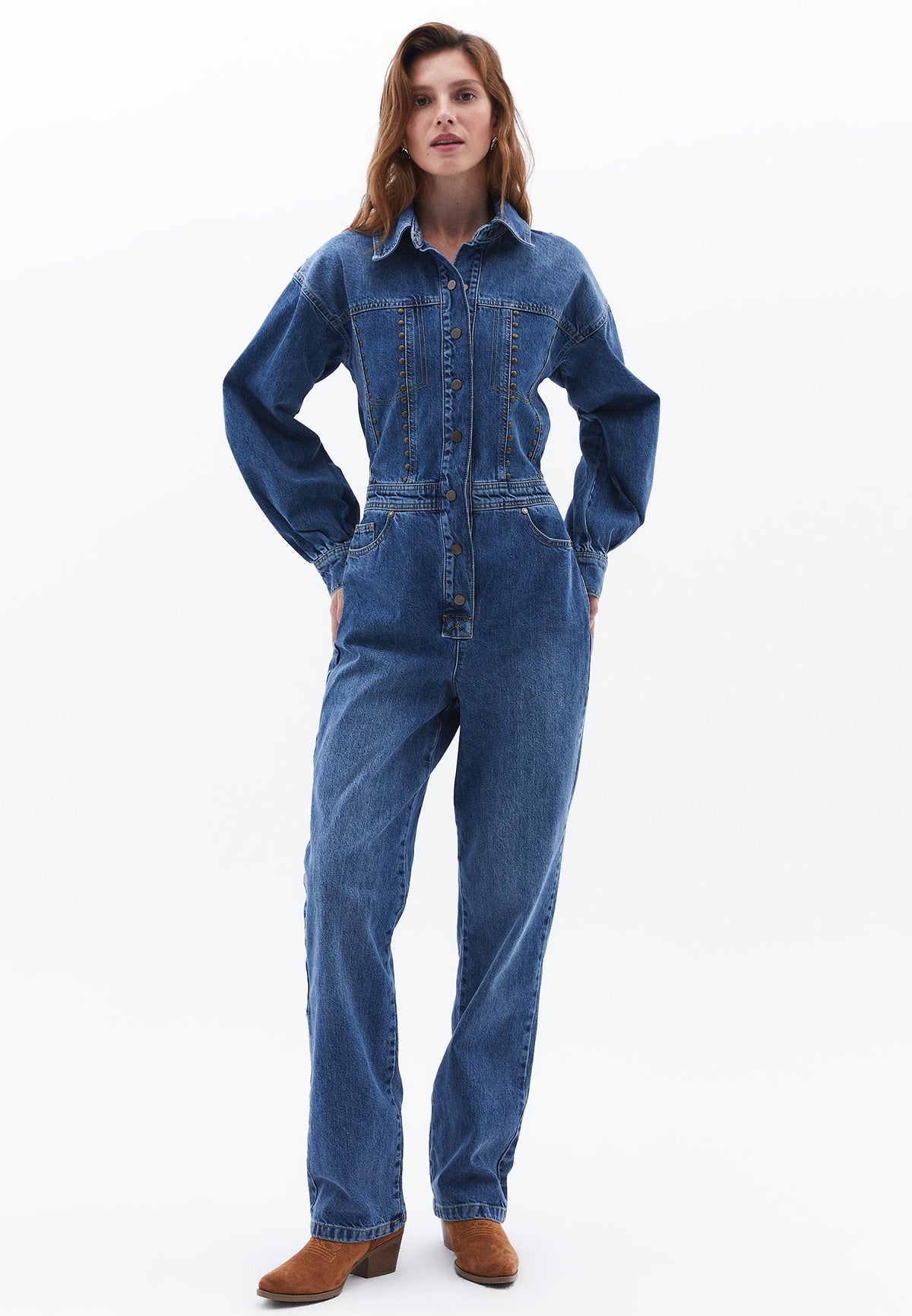 Denim Oversize Long Jumpsuit - MID BLUE DENIM