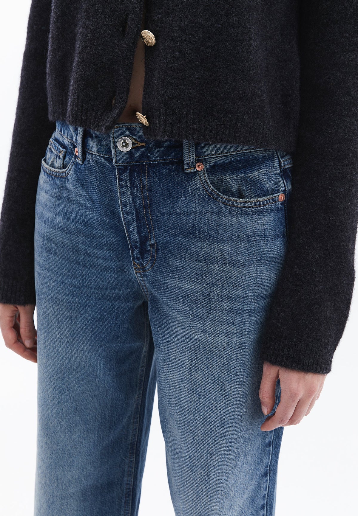 Denim Fabric Straight Leg Pants - MID BLUE DENIM