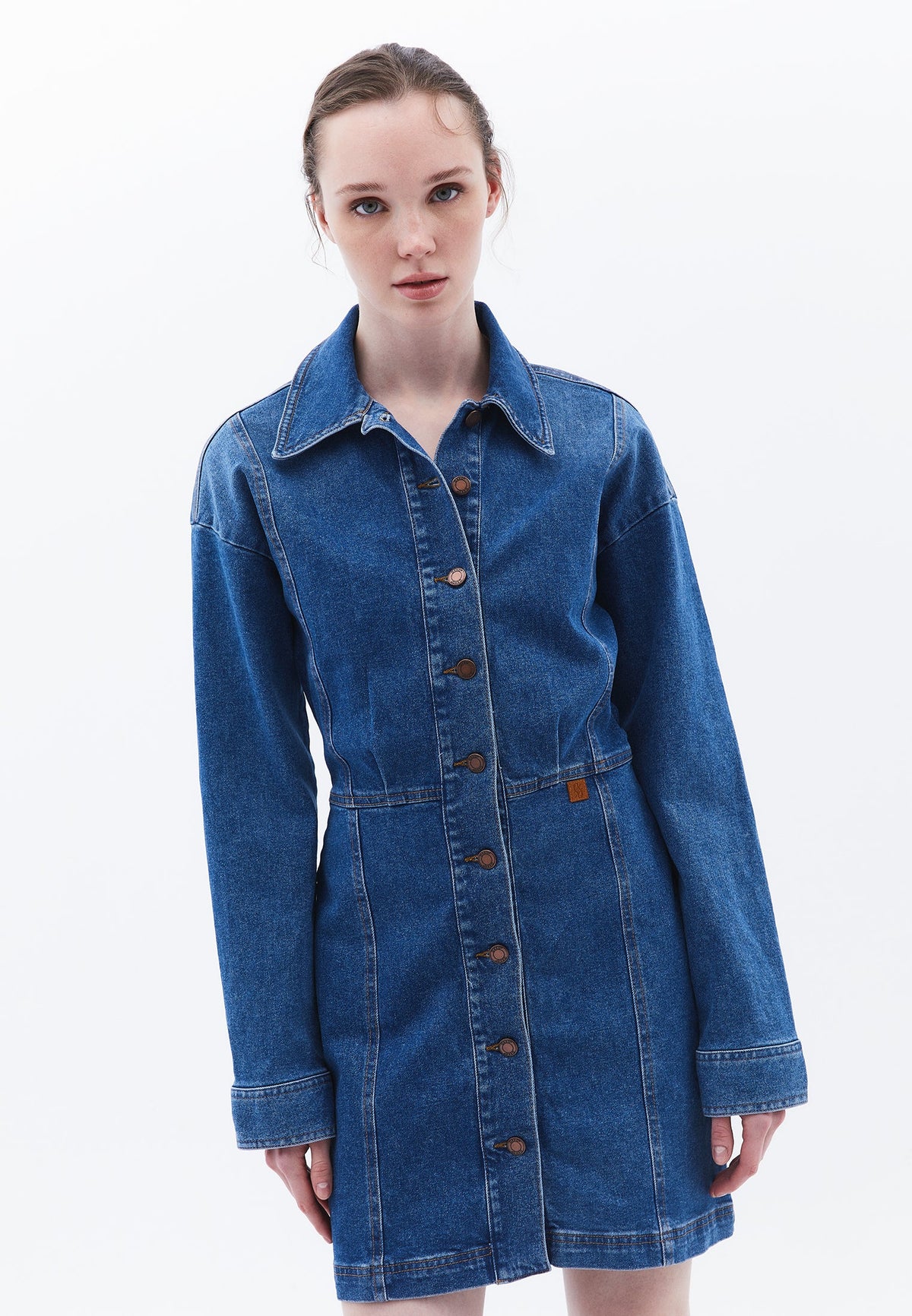 Loose Fit Short Jumpsuit Dress - MID BLUE DENIM