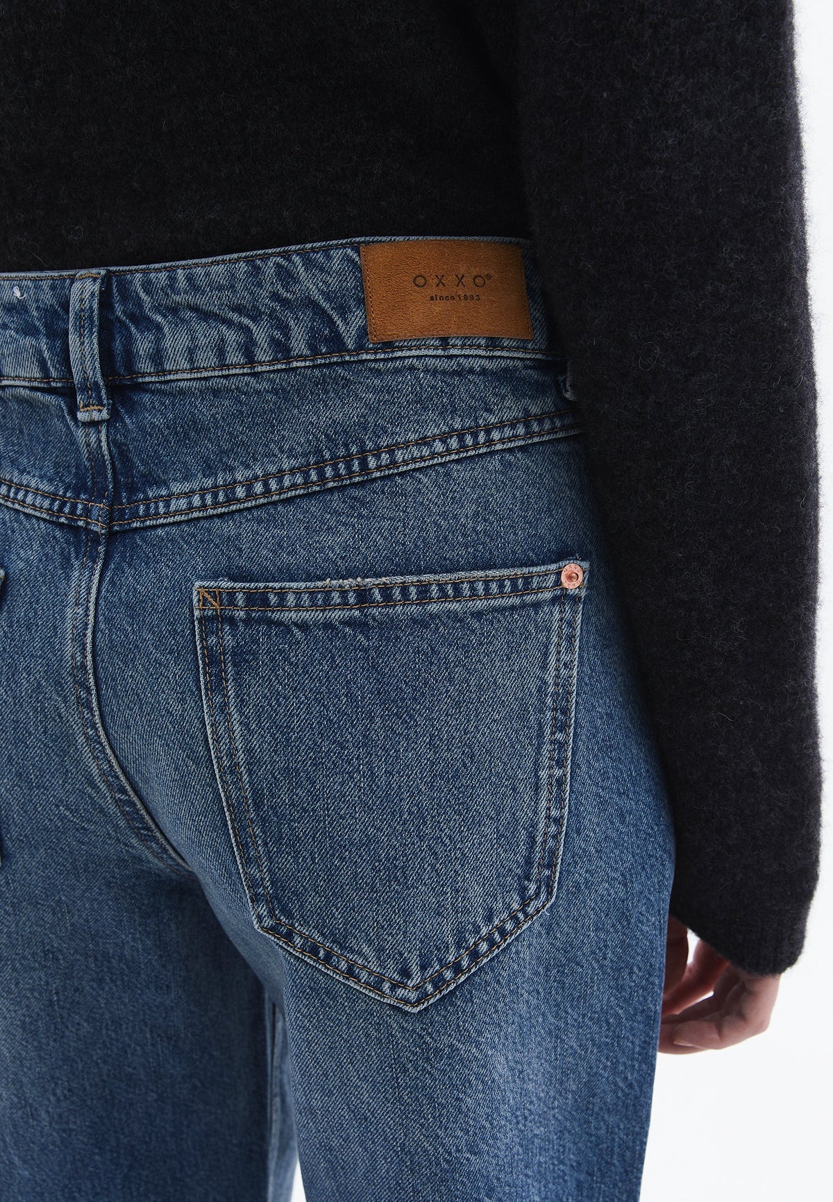 Denim Fabric Straight Leg Pants - MID BLUE DENIM