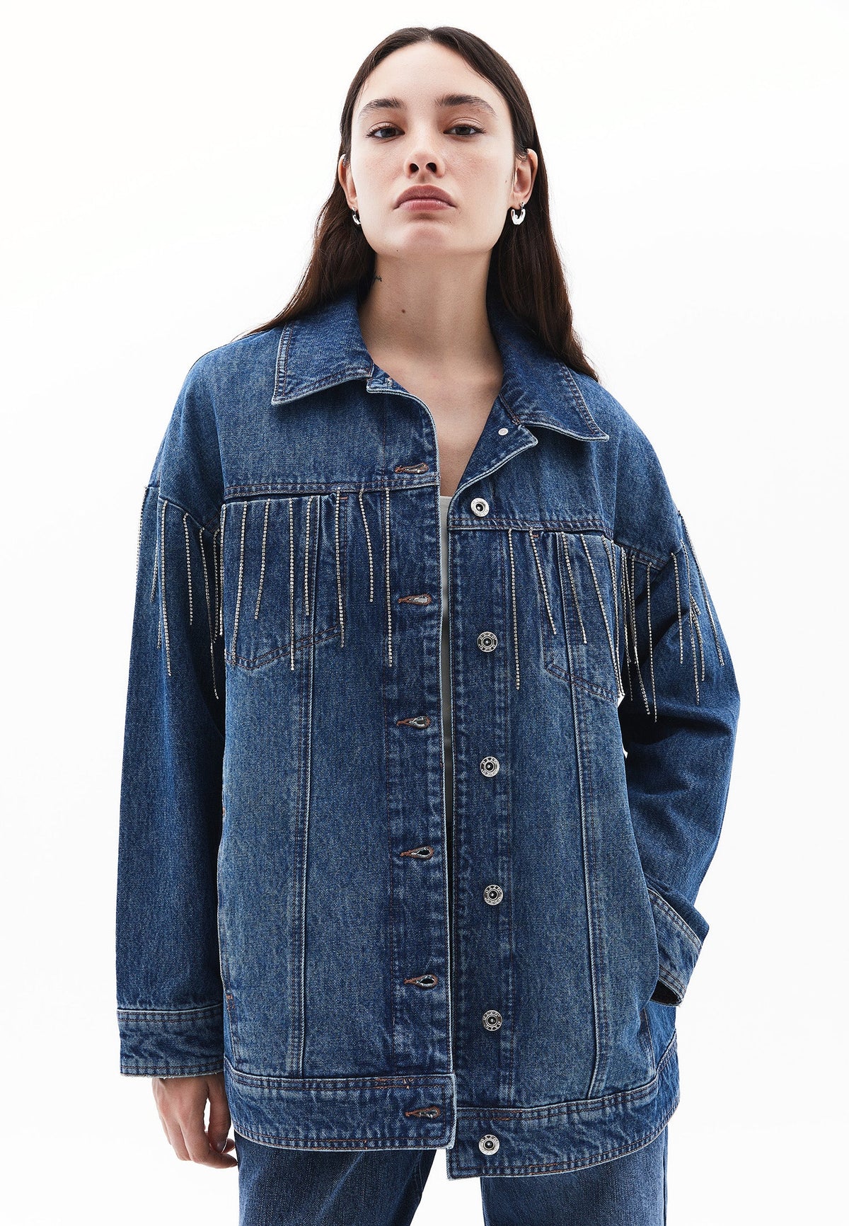 Stone Embellished Oversize Denim Jacket - MID BLUE DENIM
