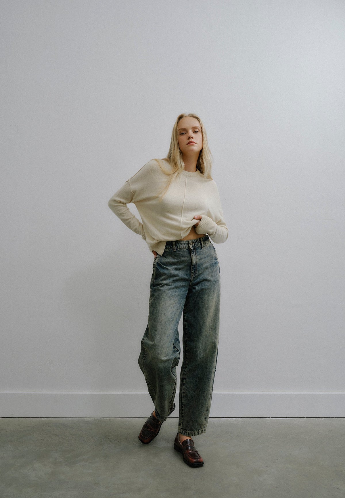 Barrel Leg Denim Pants - MID BROWN DENIM