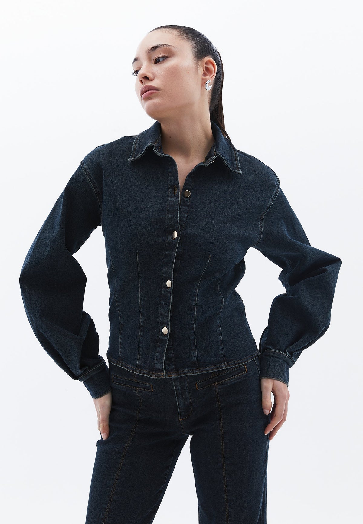 Cropped Long Sleeve Blouse - MID BROWN DENIM