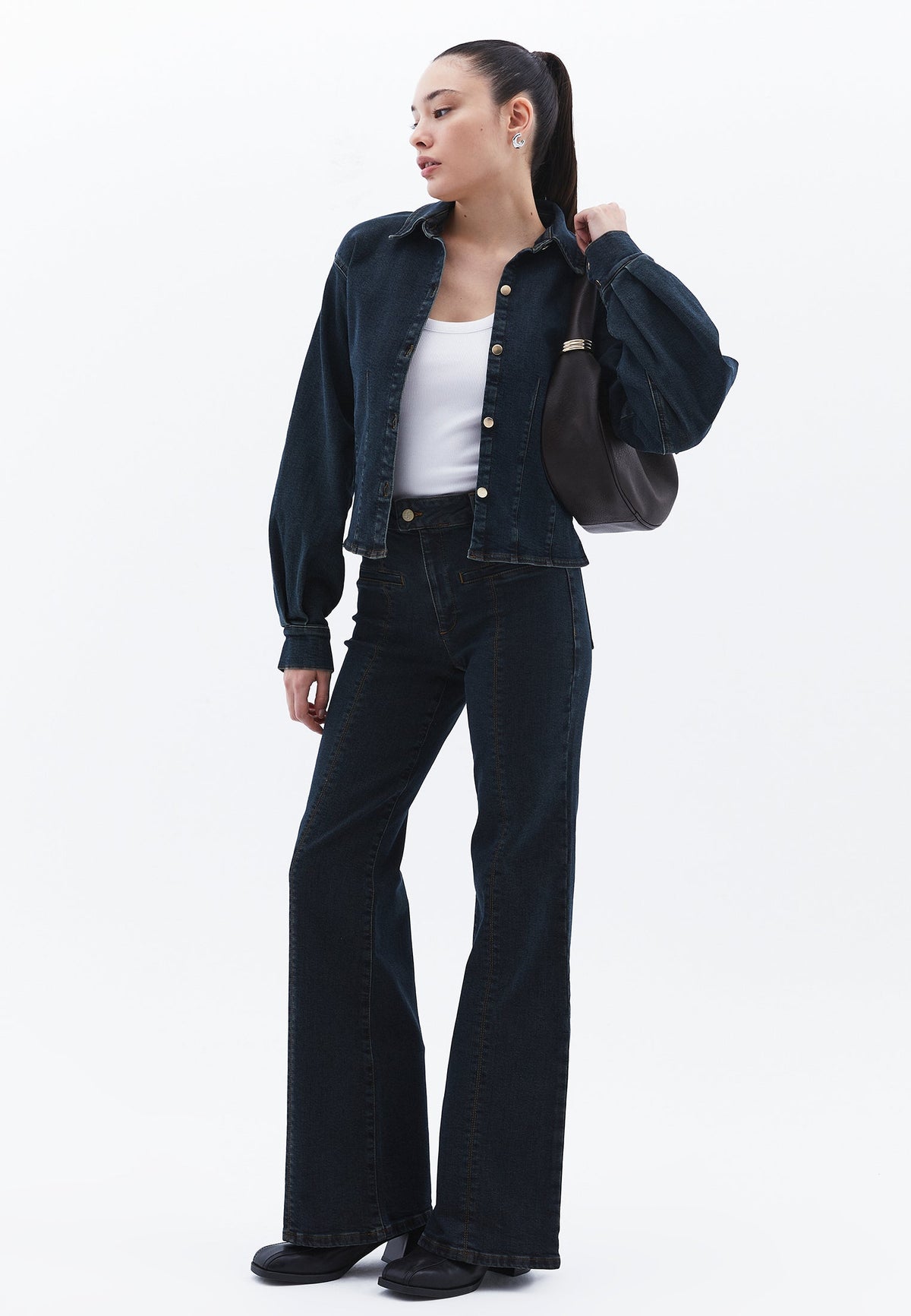Cropped Long Sleeve Blouse - MID BROWN DENIM