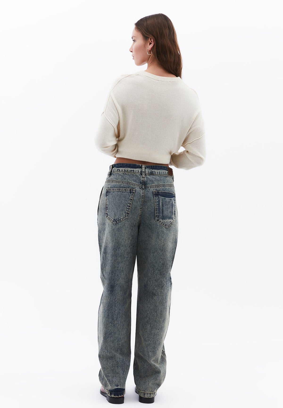 Barrel Leg Denim Pants - MID BROWN DENIM
