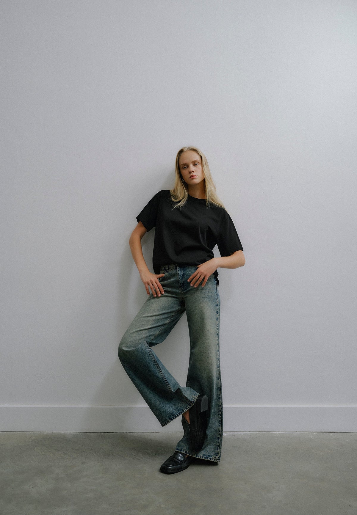 Wide Leg High Waist Pants - MID GREEN DENIM