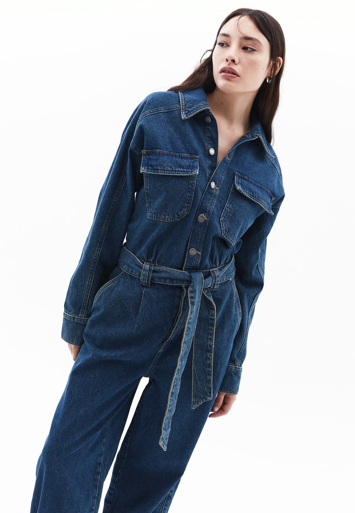 Women Denim Standard Jumpsuit - MID GREEN DENIM