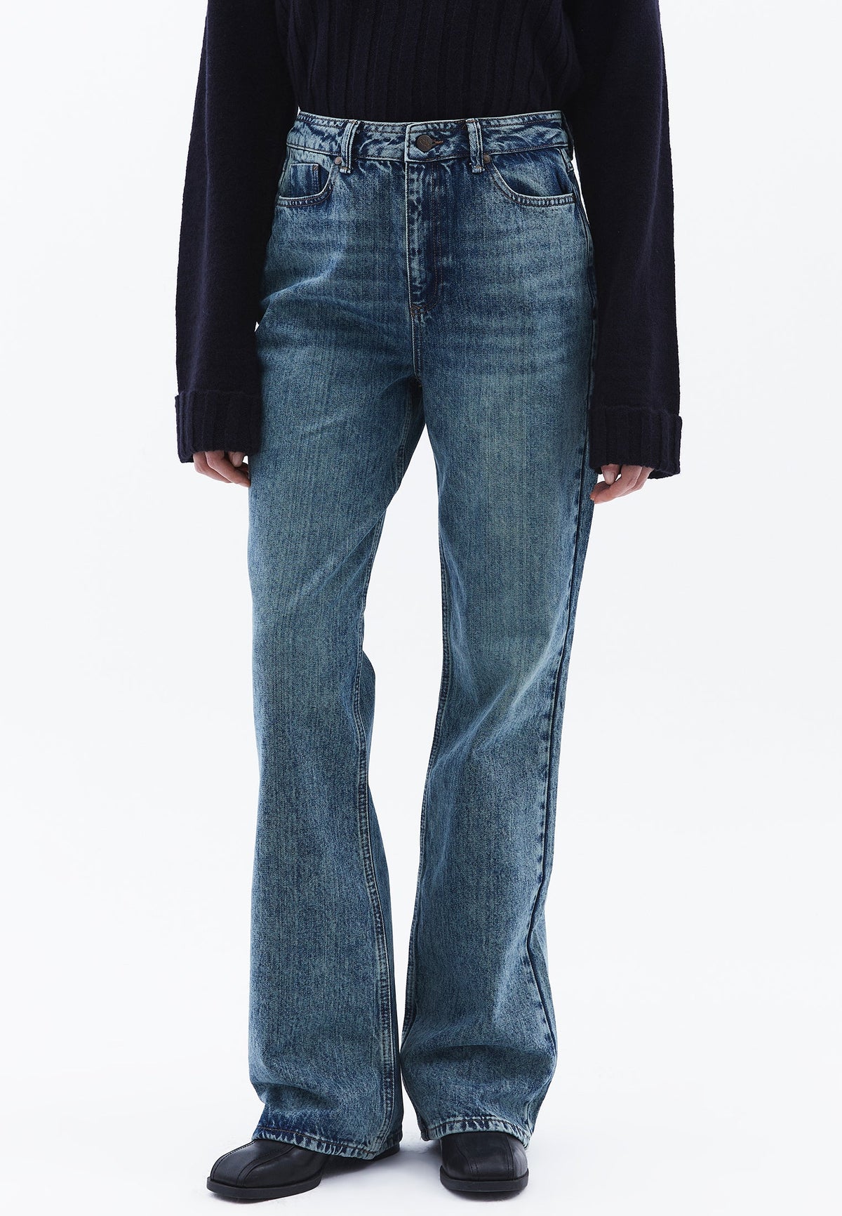 Five Pocket Straight Leg Ultra High Waist Pants - MID GREEN DENIM