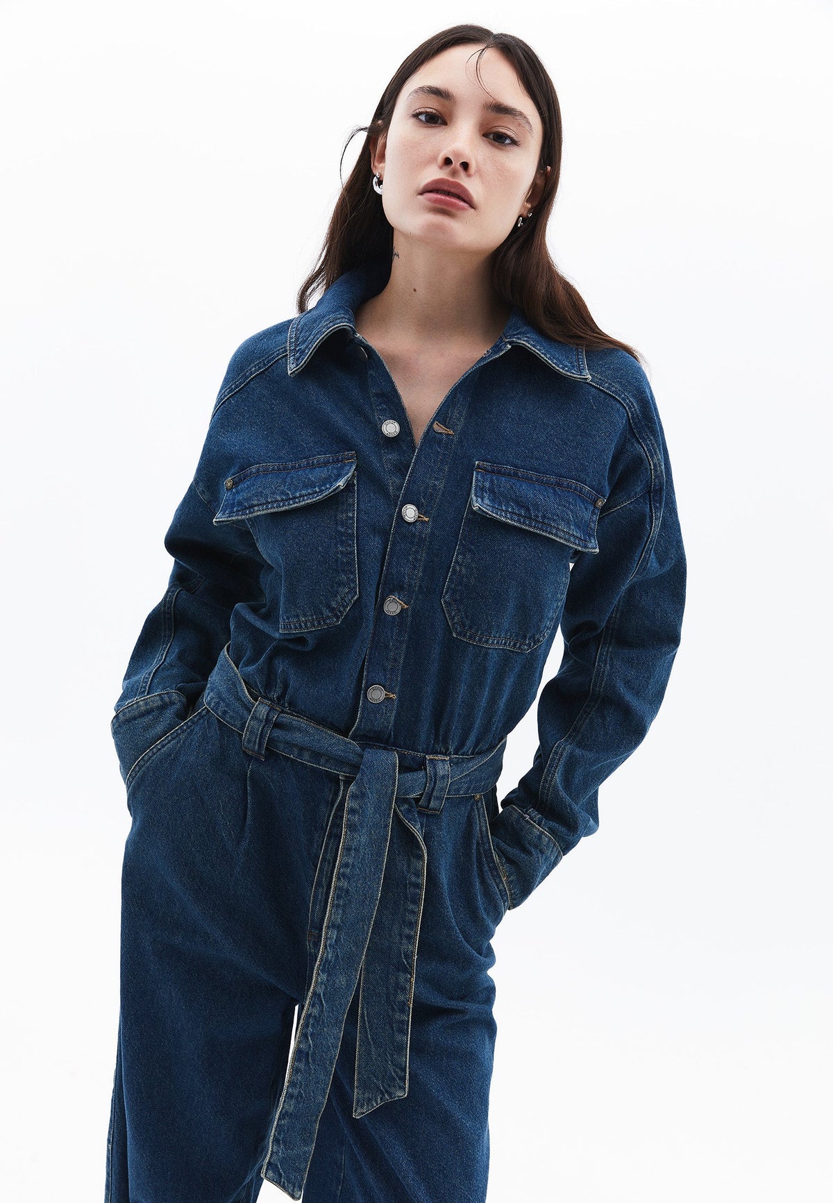 Women Denim Standard Jumpsuit - MID GREEN DENIM