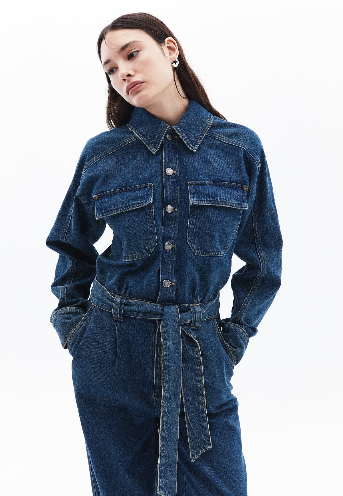Women Denim Standard Jumpsuit - MID GREEN DENIM