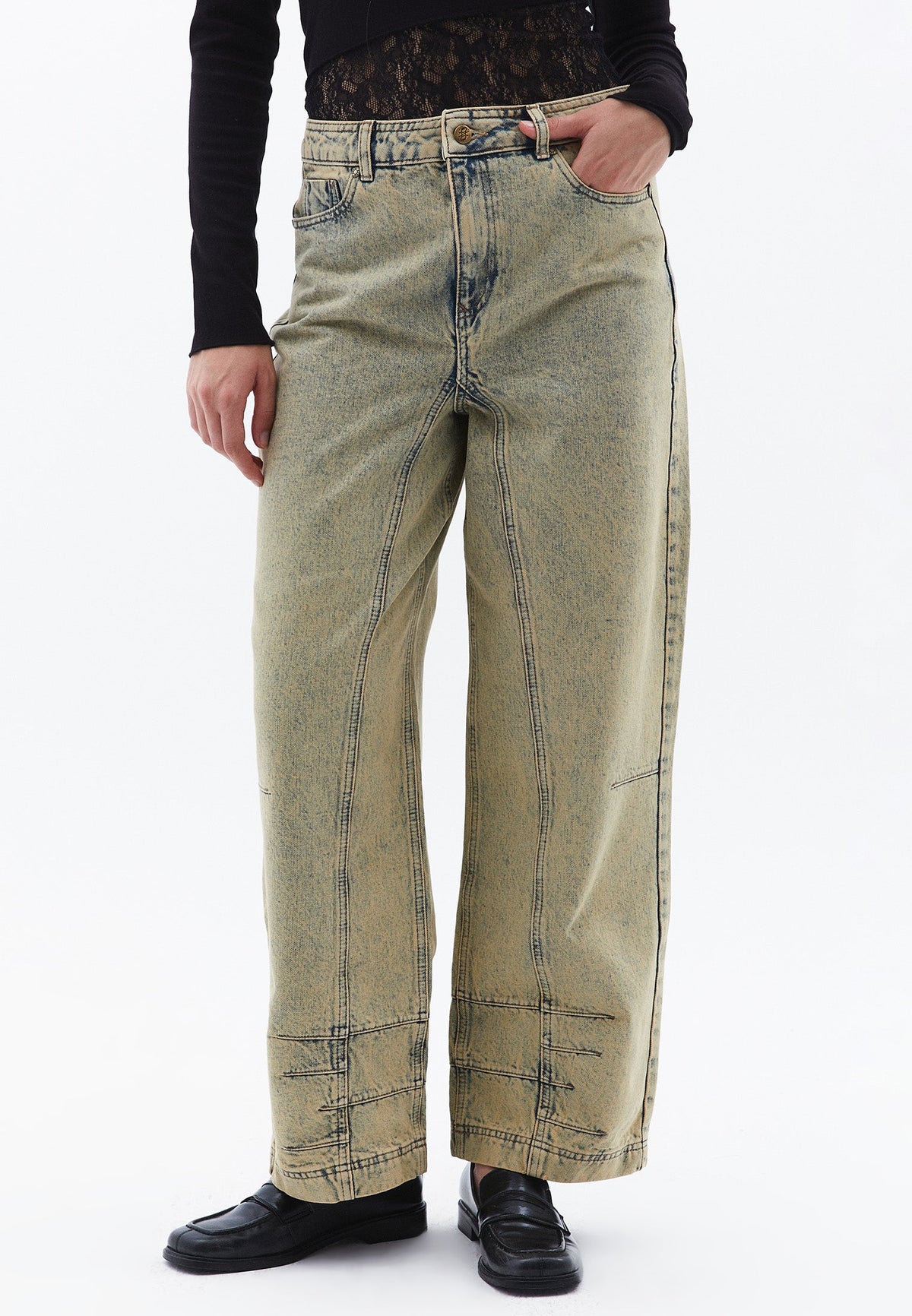 Baggy Pants With Cut-Out Details - MID SAND DENIM