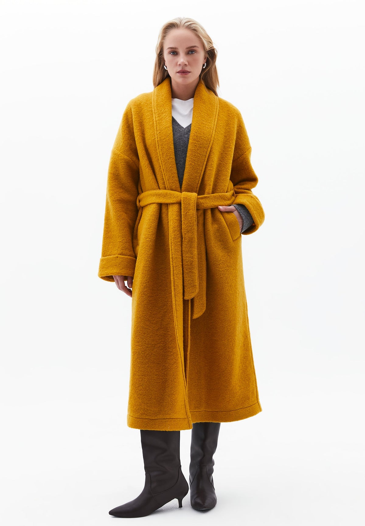 Long Coat With Shawl Collar And Belt Detail - NARCISSUS