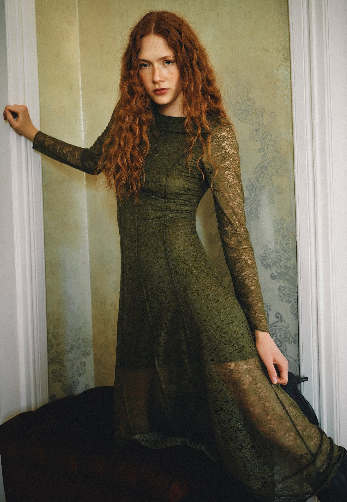 A-Line Long Crew Neck Cut-Out Detailed Dress - OLIVE NIGHT