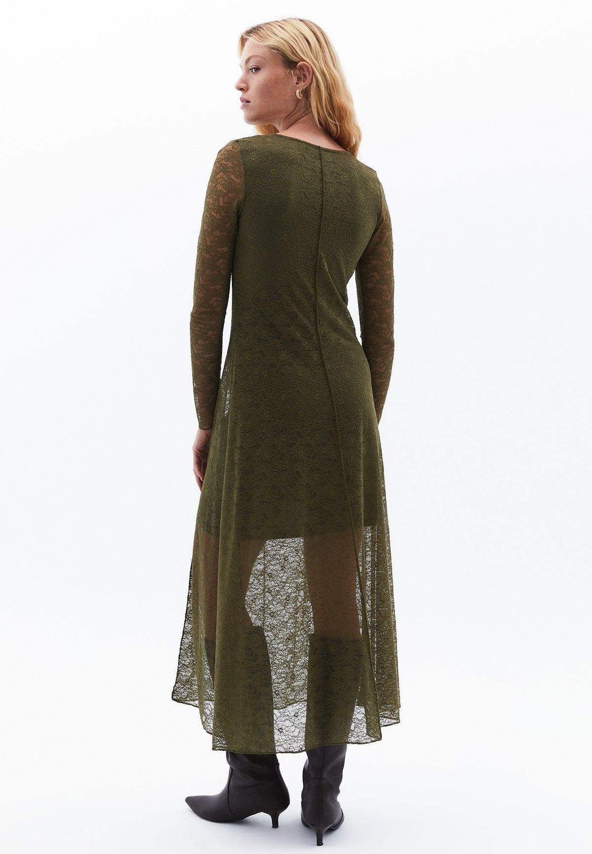 A-Line Long Crew Neck Cut-Out Detailed Dress - OLIVE NIGHT