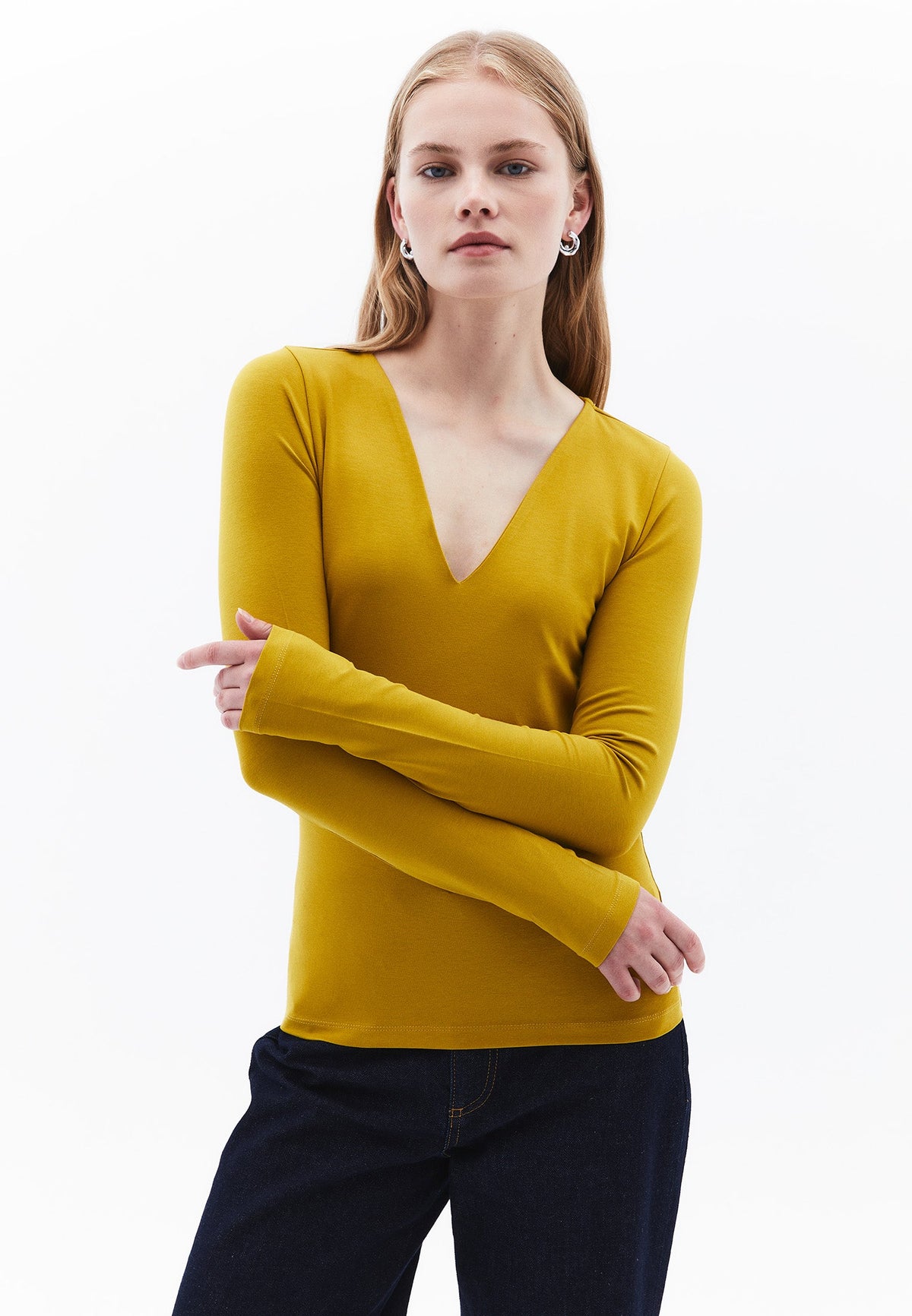 V Neck Long Sleeve T-Shirt - OLIVE OIL