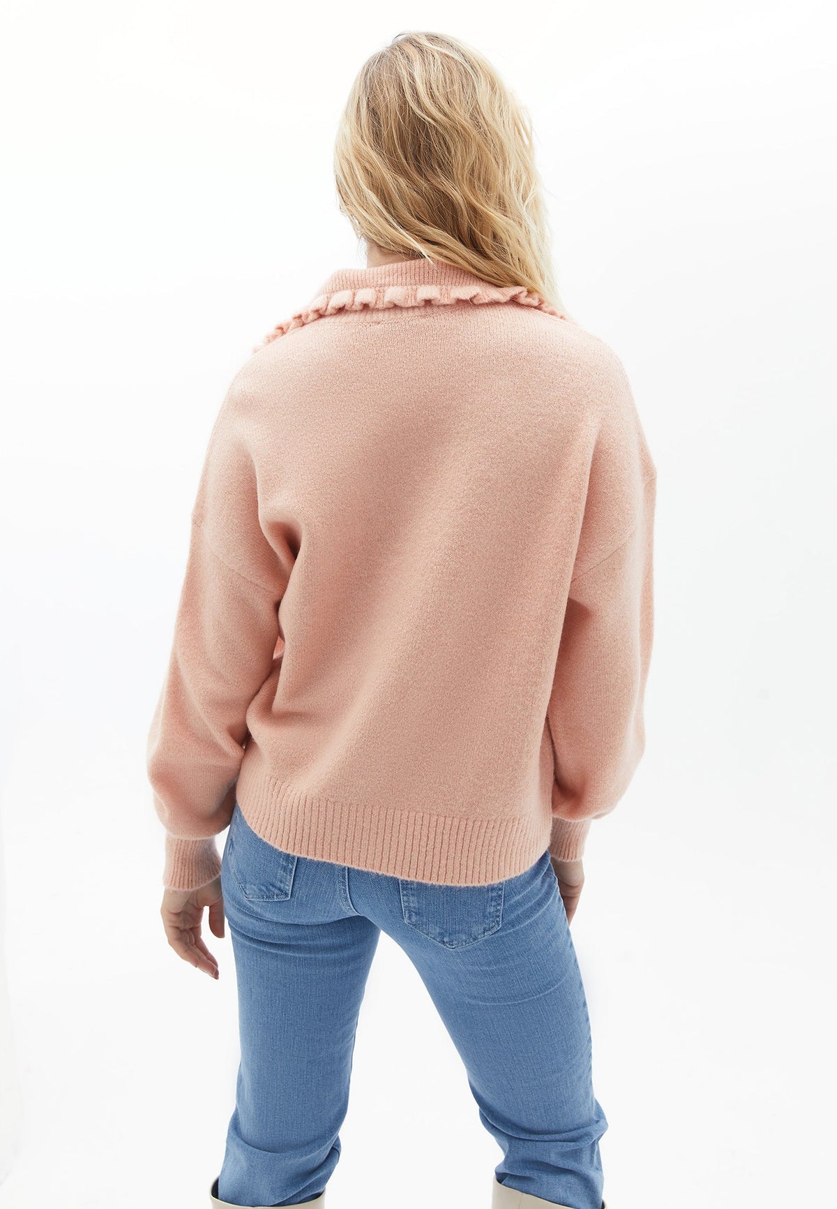 Polo Collar Long Sleeve Cardigan - PEACHY KEEN