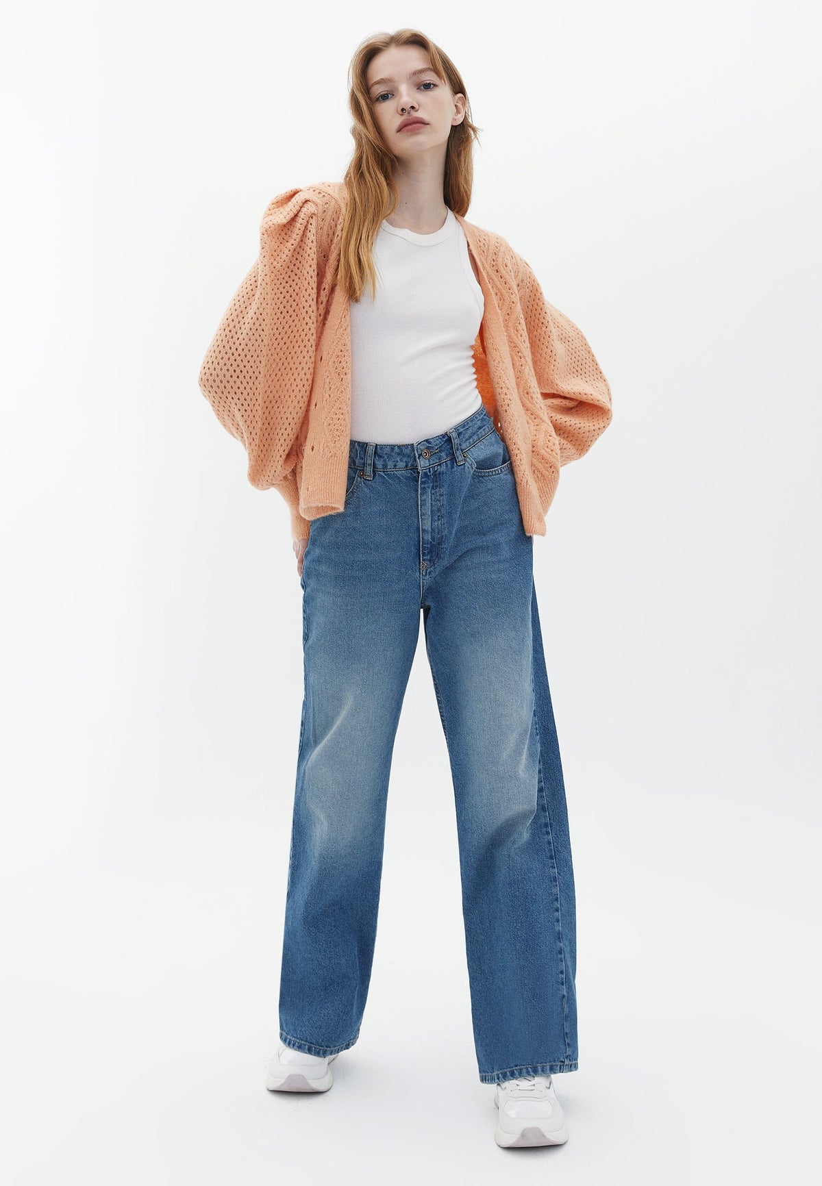 Women's Cardigan, Balloon Sleeve Cardigan, Deep V-Neck, Long Sleeve Cardigan, Knit Cardigan - PEACH NOUGAT